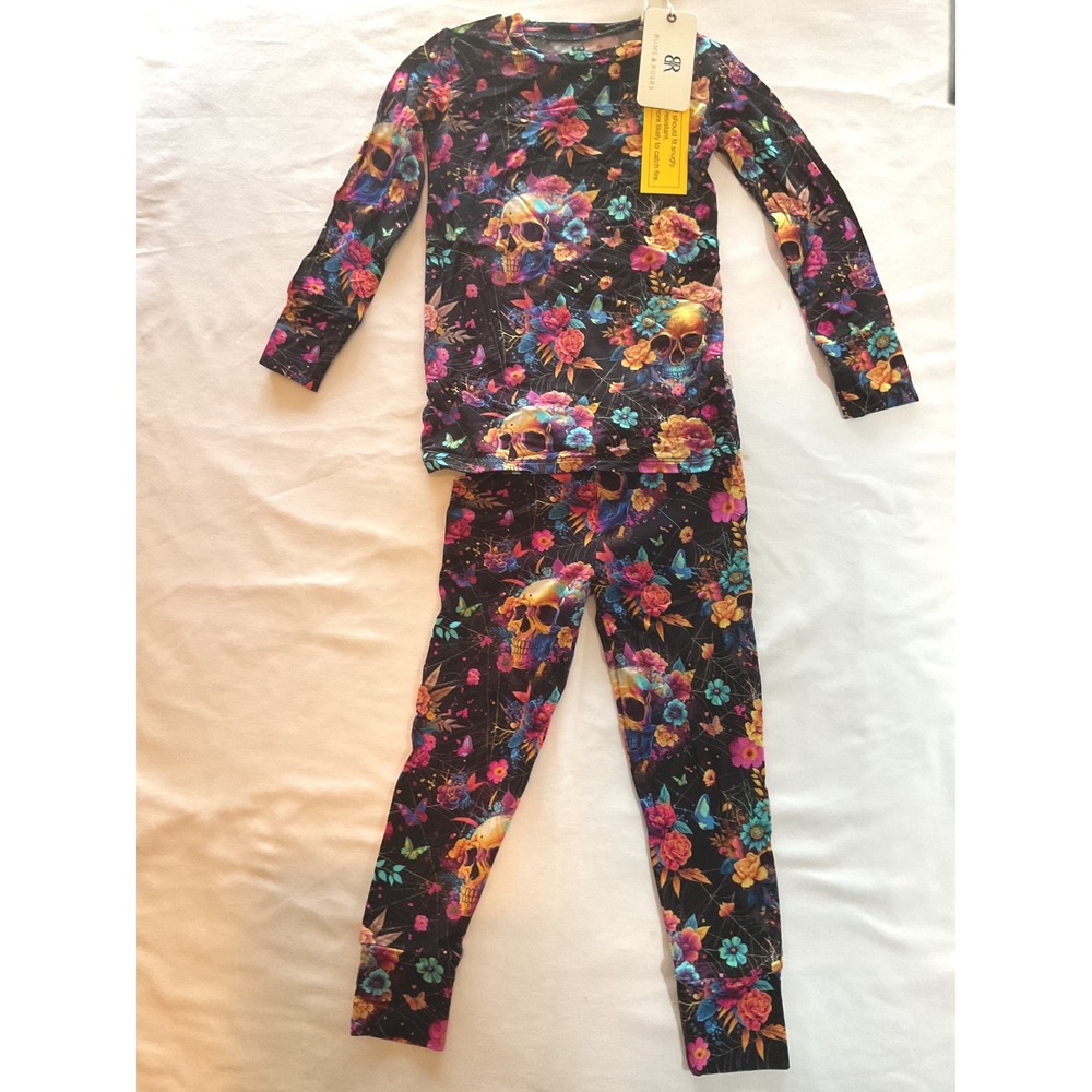 RARE Bums & Roses Kids 4T Frida Skuho Bamboo Viscose Pajama Set Black Multi NWT